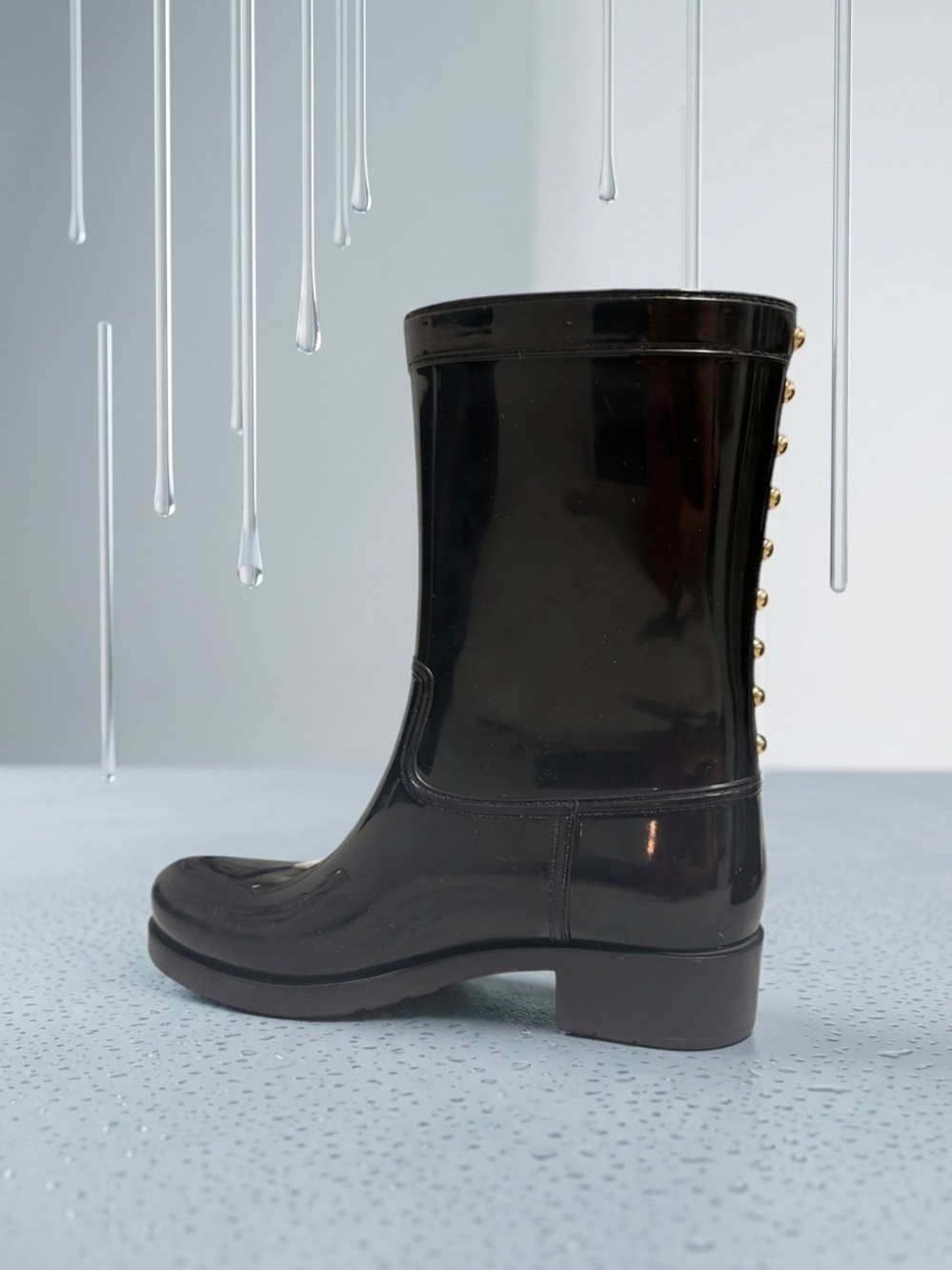 ALDO Women's Black Rubber Mid Calf Rain Boots Gold Studded Back Size US 6-7 GUC